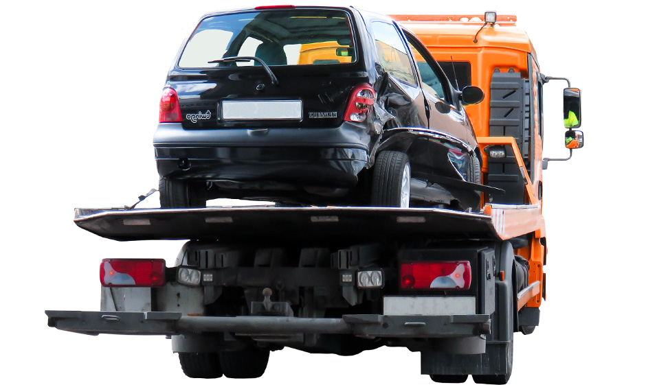 Orange Flatbed Towing Truck with damaged black car on it.